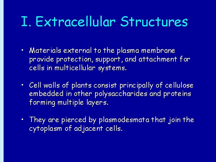 I. Extracellular Structures • Materials external to the plasma membrane provide protection, support, and