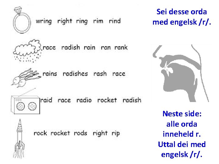 Sei desse orda med engelsk /r/. Neste side: alle orda inneheld r. Uttal dei