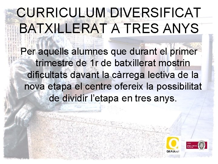 CURRICULUM DIVERSIFICAT BATXILLERAT A TRES ANYS Per aquells alumnes que durant el primer trimestre