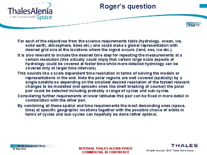 Roger’s question Page 73 For each of the objectives from the science requirements table