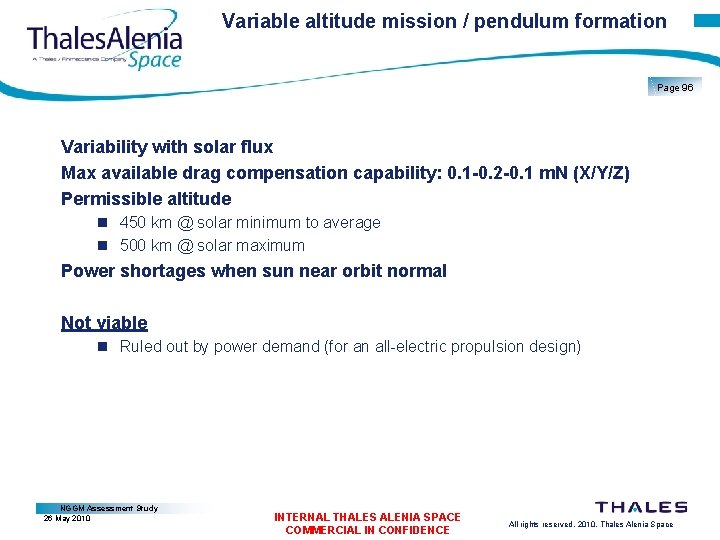 Variable altitude mission / pendulum formation Page 96 Variability with solar flux Max available