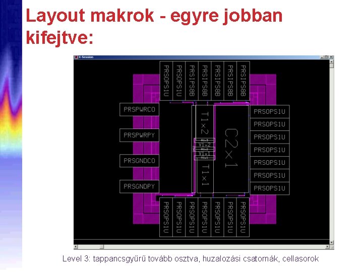 Layout makrok - egyre jobban kifejtve: Level 3: tappancsgyűrű tovább osztva, huzalozási csatornák, cellasorok