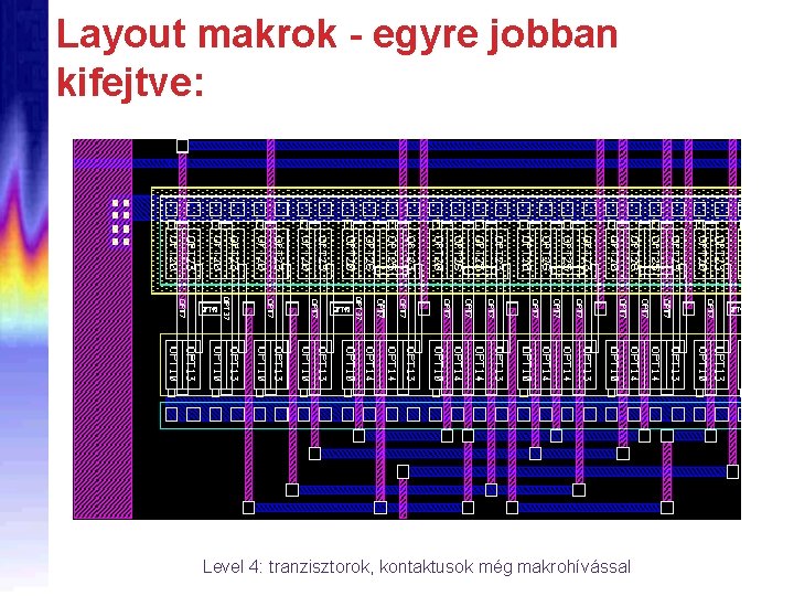 Layout makrok - egyre jobban kifejtve: Level 4: tranzisztorok, kontaktusok még makrohívással 