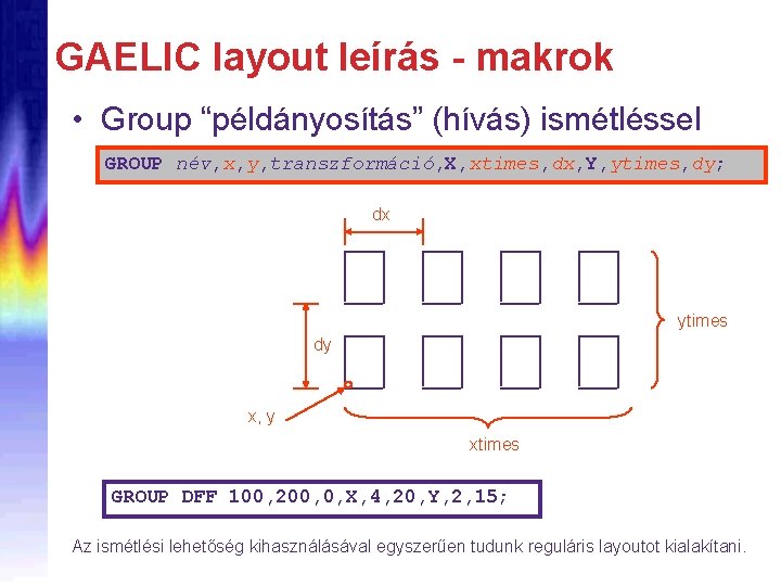 GAELIC layout leírás - makrok • Group “példányosítás” (hívás) ismétléssel GROUP név, x, y,