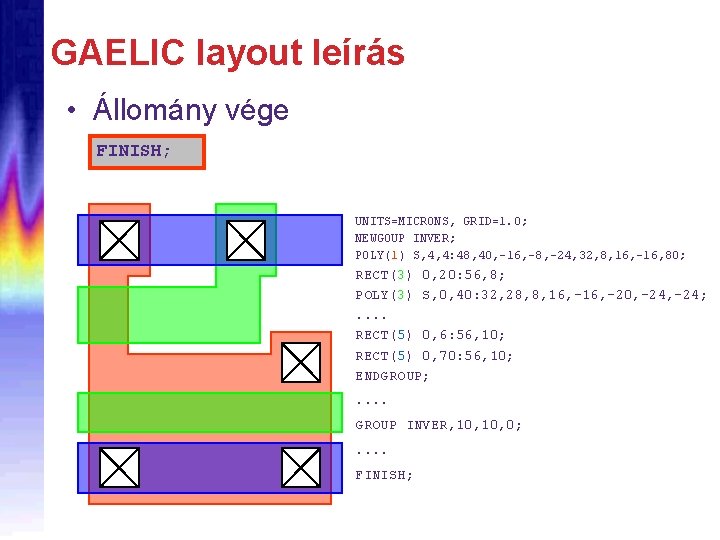 GAELIC layout leírás • Állomány vége FINISH; UNITS=MICRONS, GRID=1. 0; NEWGOUP INVER; POLY(1) S,