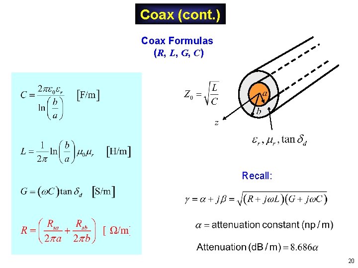 Coax (cont. ) Coax Formulas (R, L, G, C) Recall: 20 Coax (cont. ) Coax Formulas (R, L, G, C) Recall: 20
