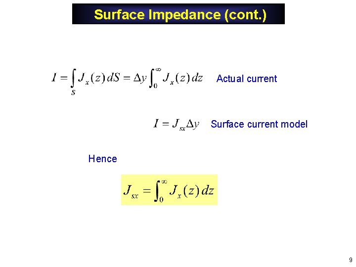 Surface Impedance (cont. ) Actual current Surface current model Hence 9 Surface Impedance (cont. ) Actual current Surface current model Hence 9