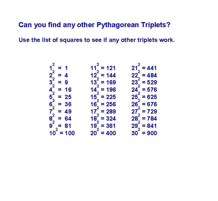 Can you find any other Pythagorean Triplets? Use the list of squares to see