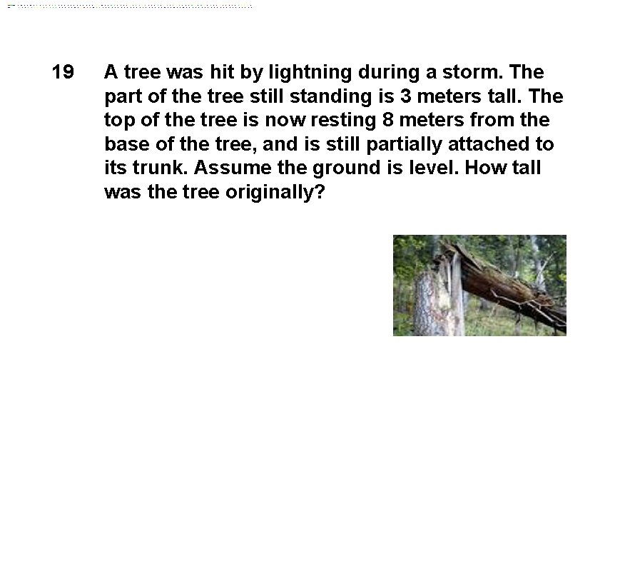 19 A tree was hit by lightning during a storm. The part of the