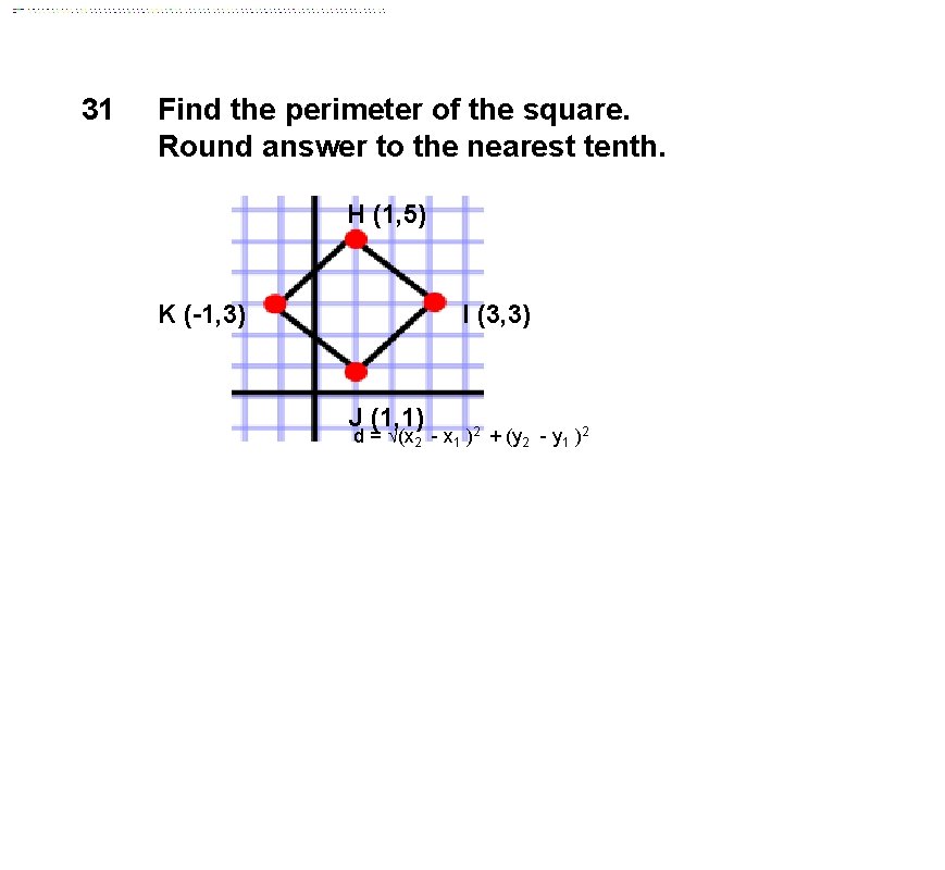 31 Find the perimeter of the square. Round answer to the nearest tenth. H