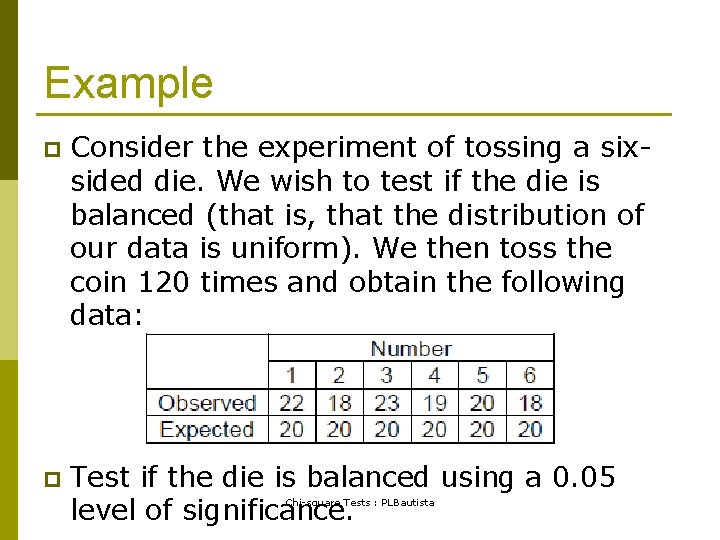 Example p Consider the experiment of tossing a sixsided die. We wish to test