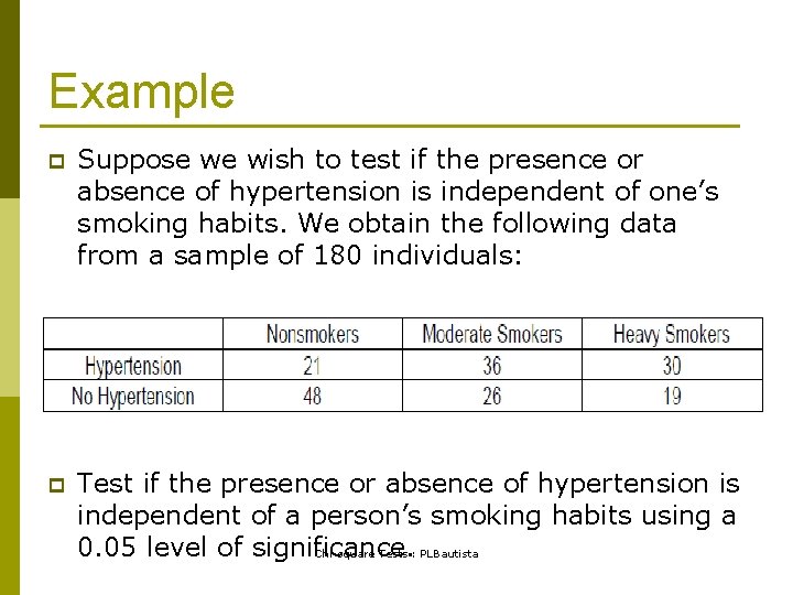 Example p Suppose we wish to test if the presence or absence of hypertension