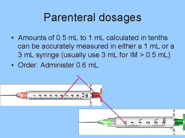 Parenteral dosages • Amounts of 0. 5 m. L to 1 m. L calculated