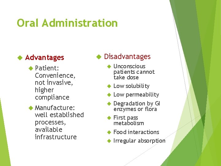 Oral Administration Advantages Patient: Convenience, not invasive, higher compliance Manufacture: well established processes, available