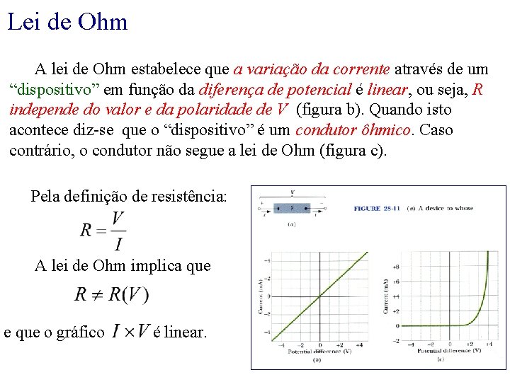 Lei de Ohm A lei de Ohm estabelece que a variação da corrente através