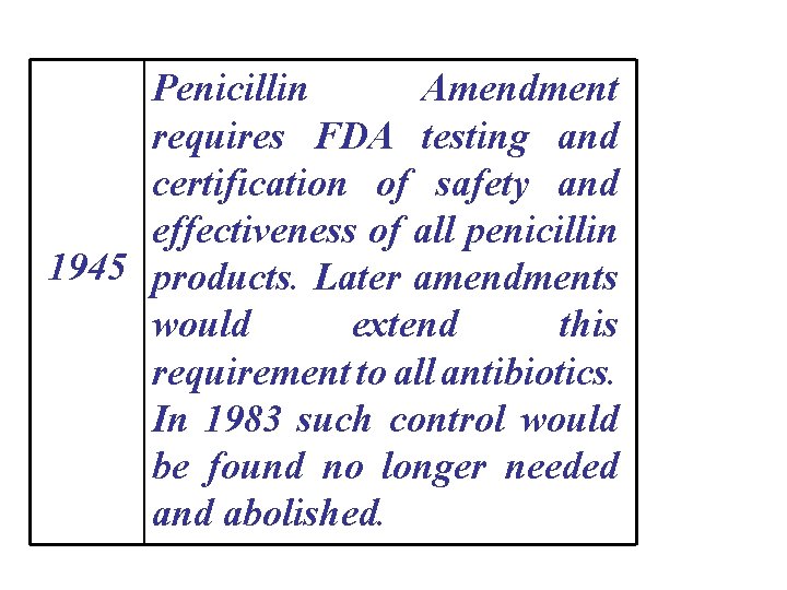 Penicillin Amendment requires FDA testing and certification of safety and effectiveness of all penicillin