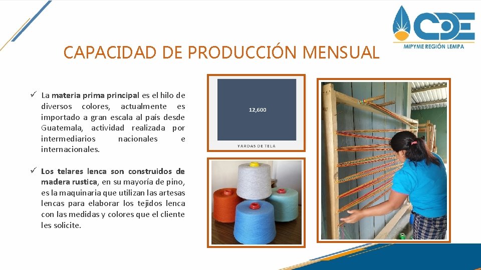 CAPACIDAD DE PRODUCCIÓN MENSUAL ü La materia prima principal es el hilo de diversos CAPACIDAD DE PRODUCCIÓN MENSUAL ü La materia prima principal es el hilo de diversos