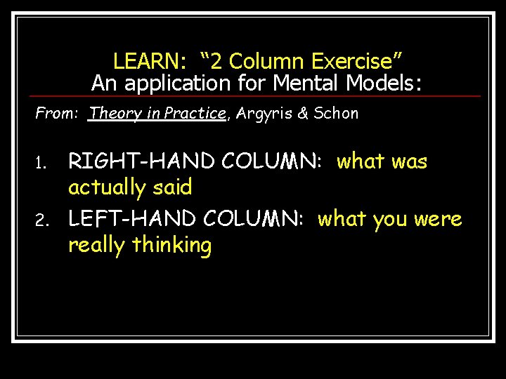 LEARN: “ 2 Column Exercise” An application for Mental Models: From: Theory in Practice,