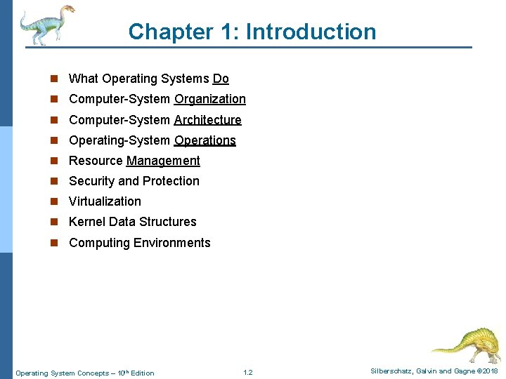 Chapter 1: Introduction n What Operating Systems Do n Computer-System Organization n Computer-System Architecture Chapter 1: Introduction n What Operating Systems Do n Computer-System Organization n Computer-System Architecture