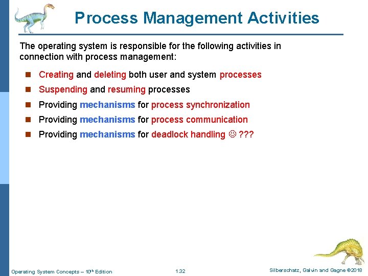 Process Management Activities The operating system is responsible for the following activities in connection Process Management Activities The operating system is responsible for the following activities in connection