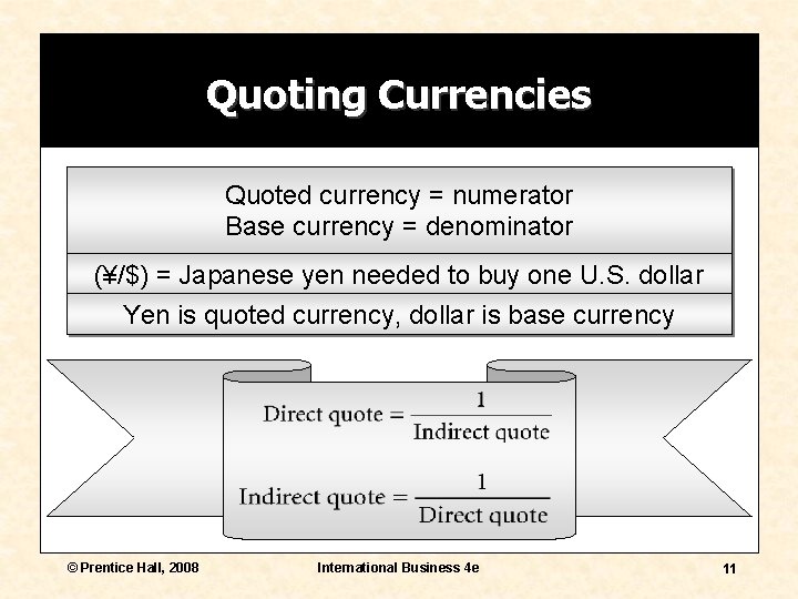 Quoting Currencies Quoted currency = numerator Base currency = denominator (¥/$) = Japanese yen