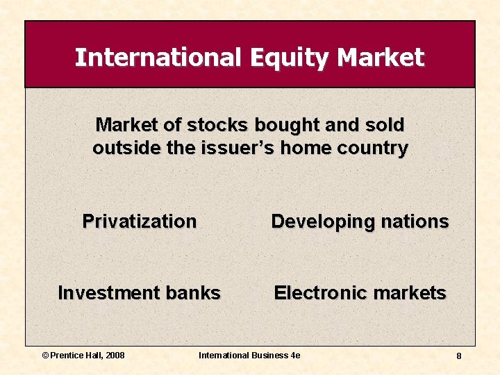 International Equity Market of stocks bought and sold outside the issuer’s home country Privatization