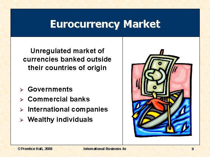 Eurocurrency Market Unregulated market of currencies banked outside their countries of origin Ø Ø