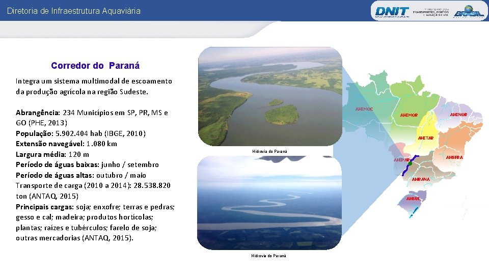 Diretoria de Infraestrutura Aquaviária Corredor do Paraná Integra um sistema multimodal de escoamento da