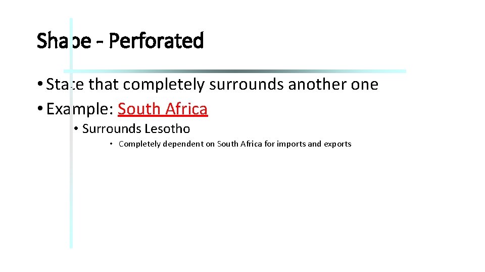 Shape - Perforated • State that completely surrounds another one • Example: South Africa