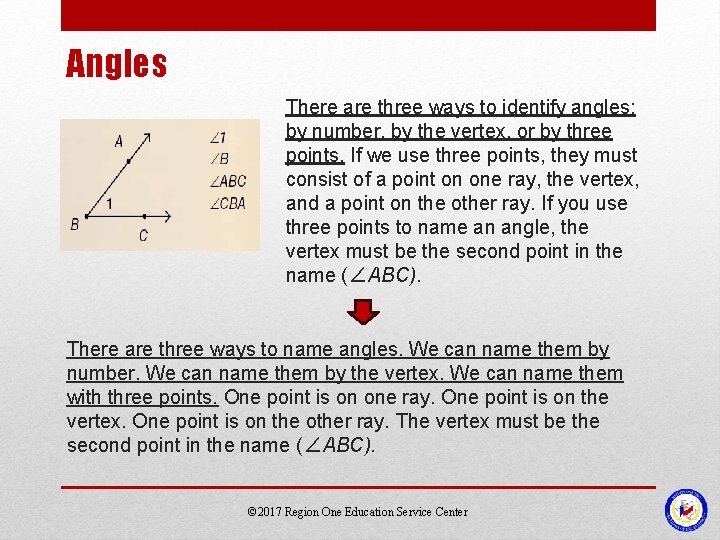 Angles There are three ways to identify angles: by number, by the vertex, or