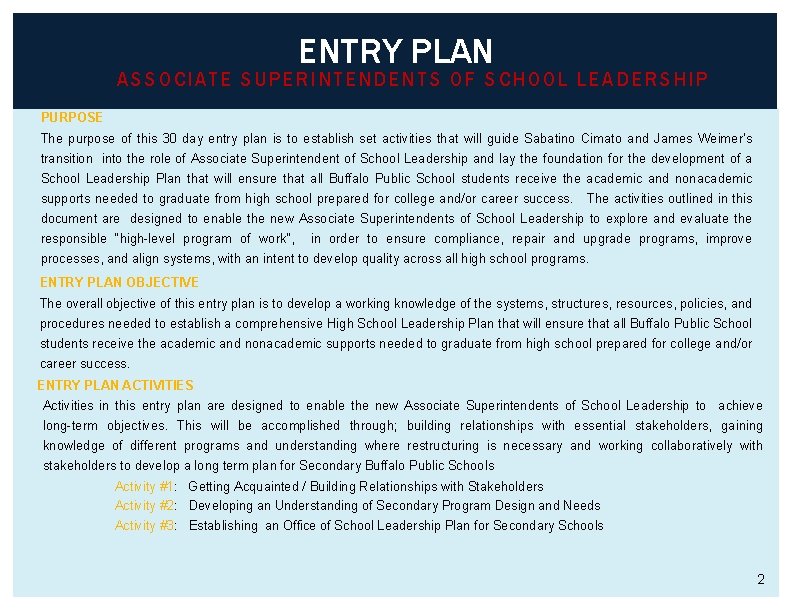 ENTRY PLAN ASSOCIATE SUPERINTENDENTS OF SCHOOL LEADERSHIP PURPOSE The purpose of this 30 day