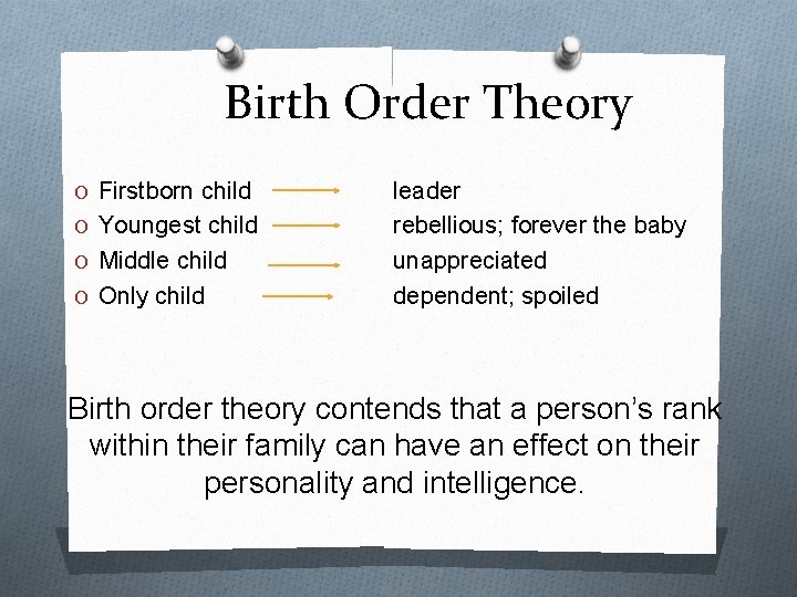 Birth Order Theory O Firstborn child O Youngest child O Middle child O Only