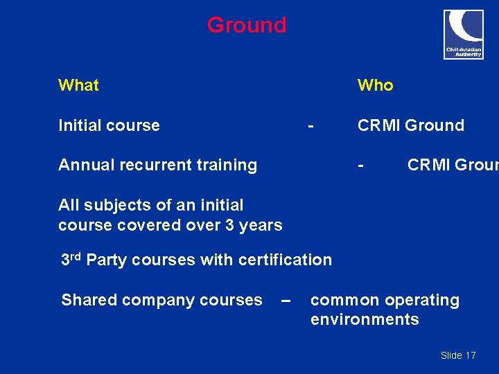 Ground What Who Initial course - Annual recurrent training CRMI Ground - CRMI Groun Ground What Who Initial course - Annual recurrent training CRMI Ground - CRMI Groun