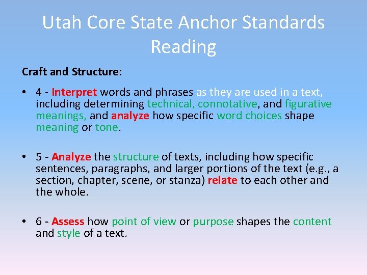 Utah Core State Anchor Standards Reading Craft and Structure: • 4 - Interpret words Utah Core State Anchor Standards Reading Craft and Structure: • 4 - Interpret words