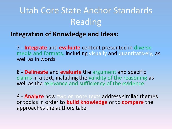Utah Core State Anchor Standards Reading Integration of Knowledge and Ideas: 7 - Integrate Utah Core State Anchor Standards Reading Integration of Knowledge and Ideas: 7 - Integrate