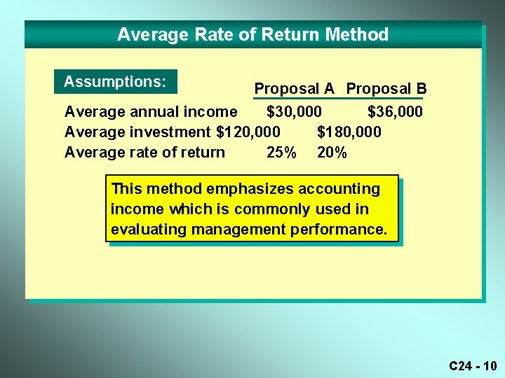 Average Rate of Return Method Assumptions: Proposal A Proposal B Average annual income $30,