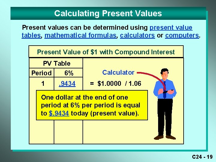 Calculating Present Values Present values can be determined using present value tables, mathematical formulas,