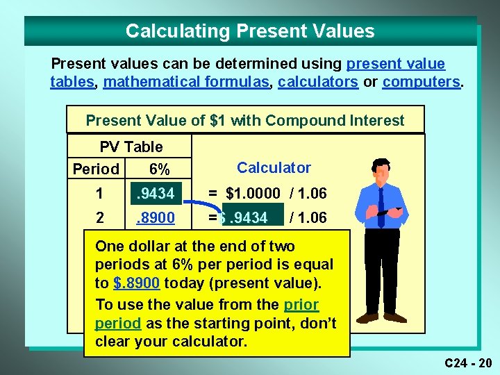 Calculating Present Values Present values can be determined using present value tables, mathematical formulas,