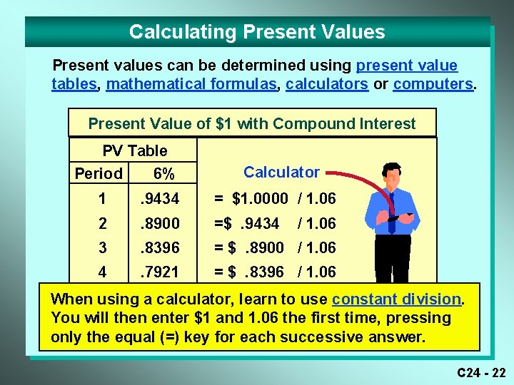 Calculating Present Values Present values can be determined using present value tables, mathematical formulas,