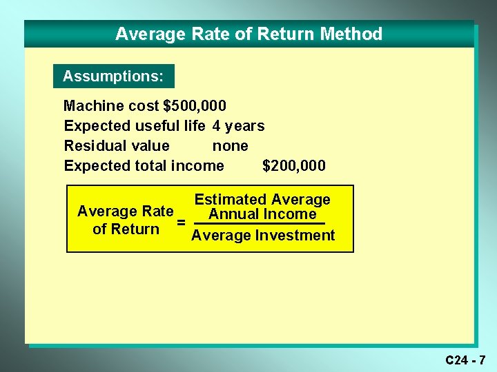 Average Rate of Return Method Assumptions: Machine cost $500, 000 Expected useful life 4