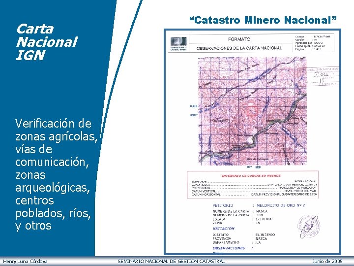 Carta Nacional IGN “Catastro Minero Nacional” Verificación de zonas agrícolas, vías de comunicación, zonas