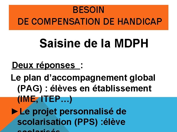 BESOIN DE COMPENSATION DE HANDICAP Saisine de la MDPH Deux réponses : Le plan