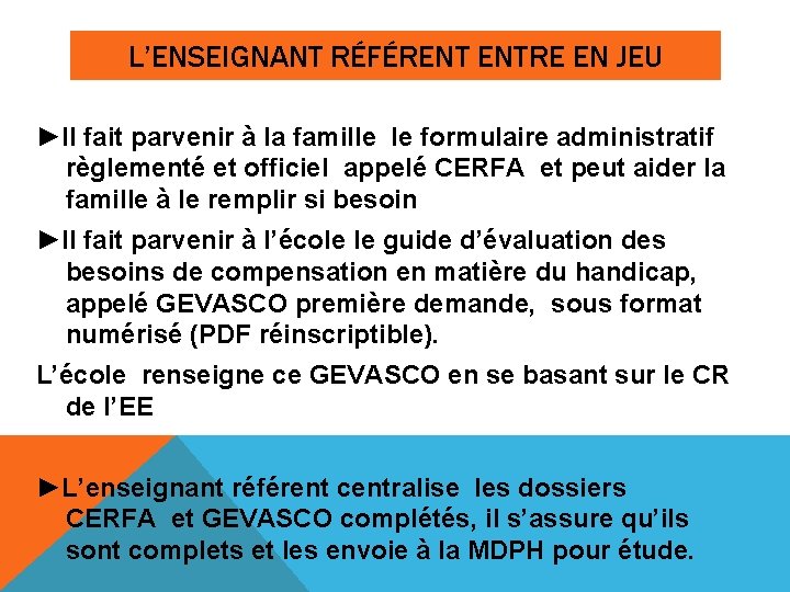 L’ENSEIGNANT RÉFÉRENT ENTRE EN JEU ►Il fait parvenir à la famille le formulaire administratif