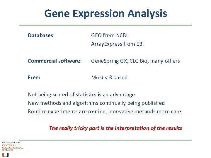 Gene Expression Analysis Databases: GEO from NCBI Array. Express from EBI Commercial software: Gene.