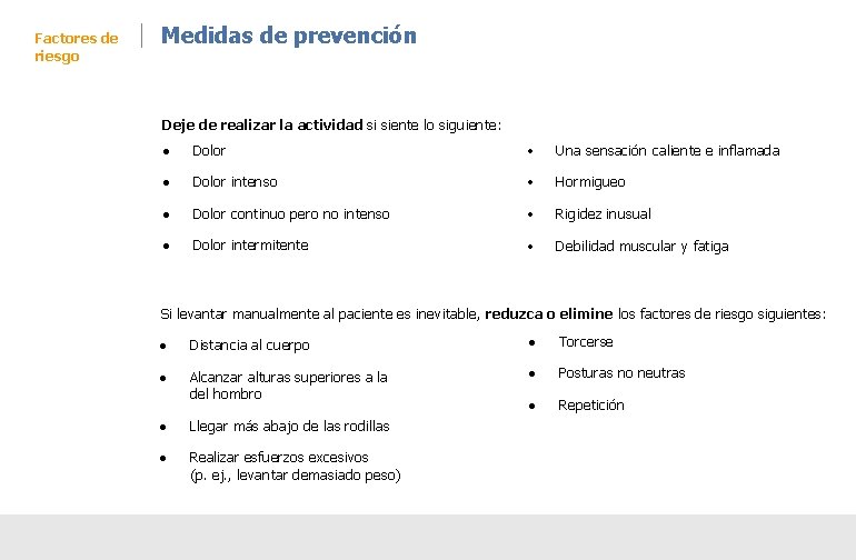 Factores de riesgo Medidas de prevención Deje de realizar la actividad si siente lo