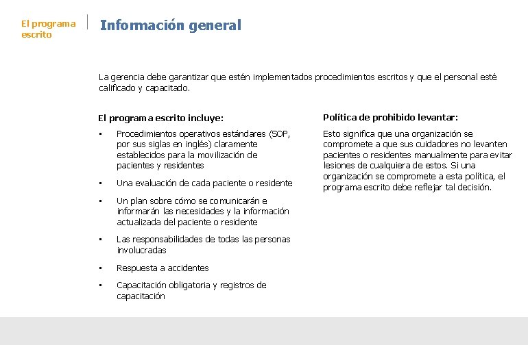 El programa escrito Información general La gerencia debe garantizar que estén implementados procedimientos escritos