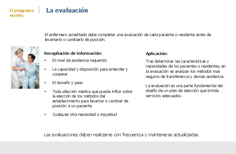 La evaluación El programa escrito El enfermero acreditado debe completar una evaluación de cada