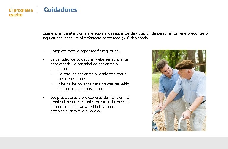 Cuidadores El programa escrito Siga el plan de atención en relación a los requisitos