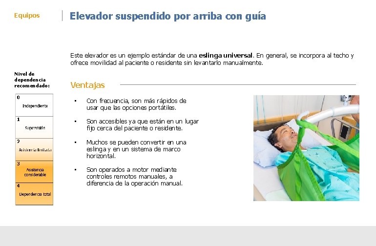 Equipos Elevador suspendido por arriba con guía Este elevador es un ejemplo estándar de