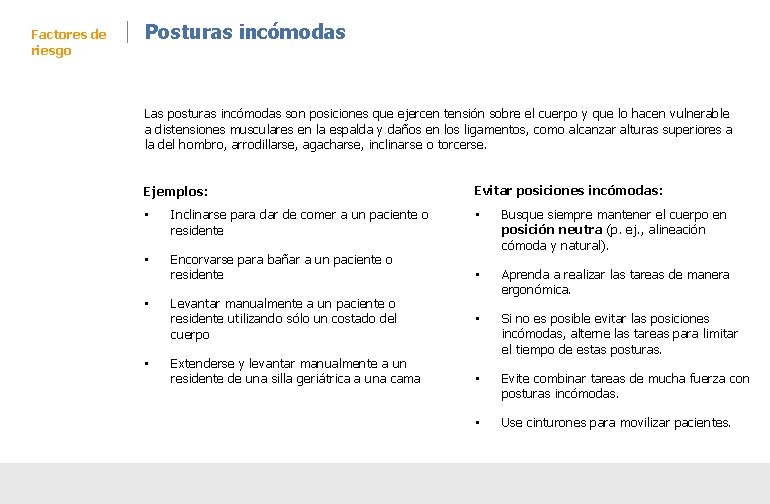 Factores de riesgo Posturas incómodas Las posturas incómodas son posiciones que ejercen tensión sobre